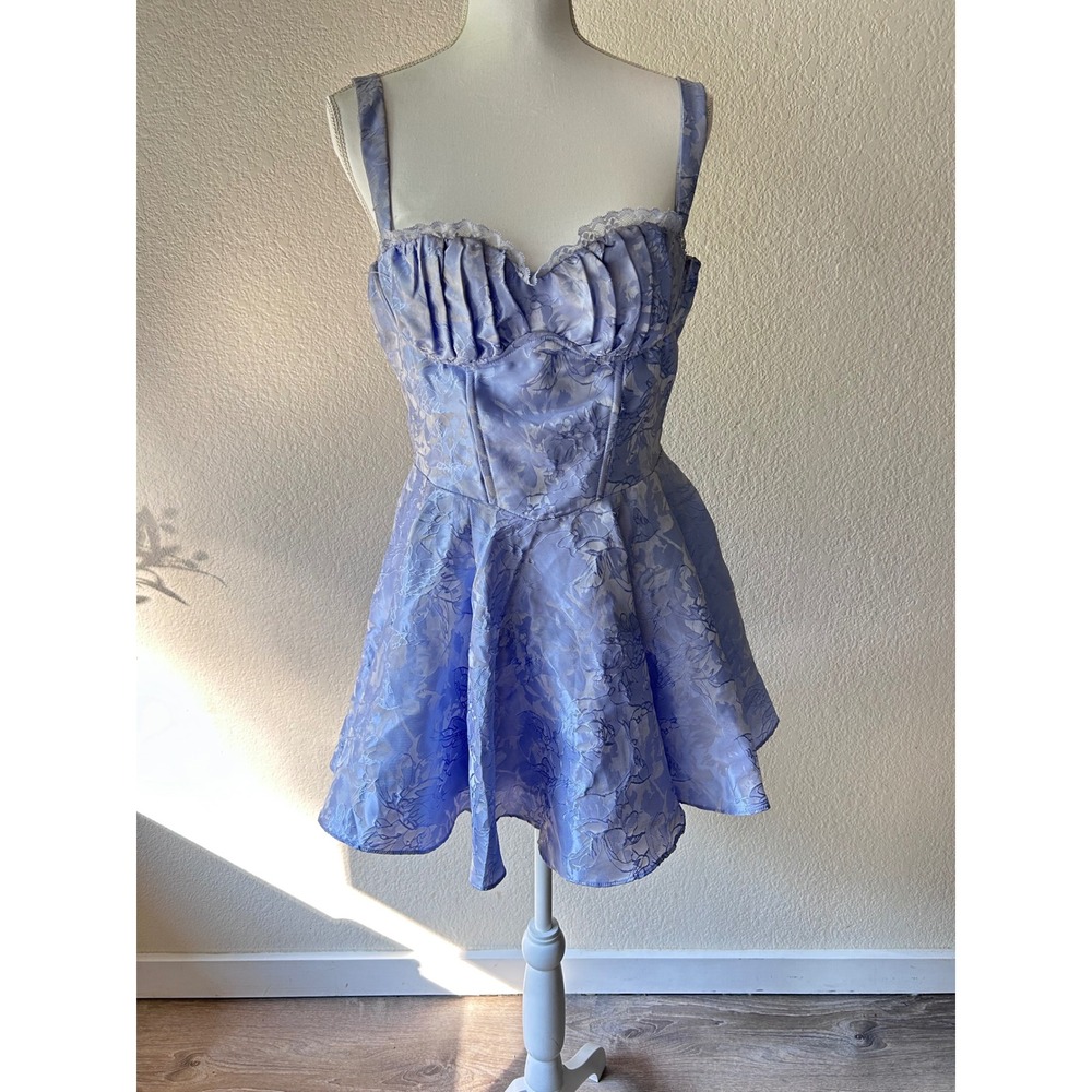 Windsor Periwinkle Blue Floral Jacquard Corset Mini Dress Skater Style JP80355 M